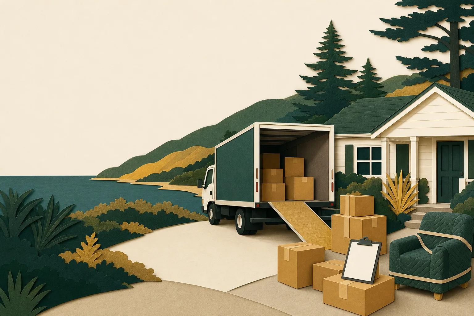 Cut-paper illustration of a moving truck and boxes outside a coastal bungalow