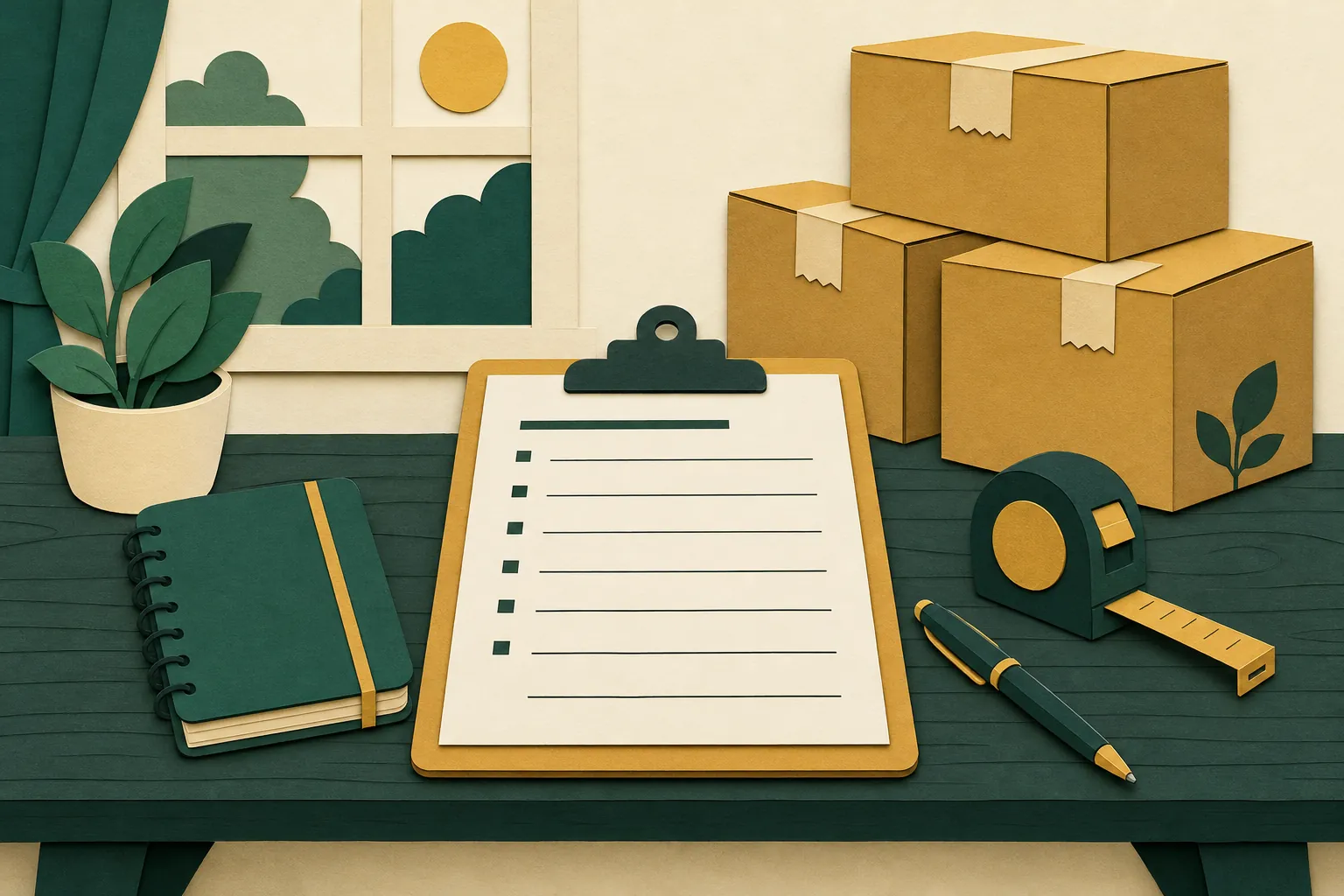 Cut-paper illustration of a clipboard with a blank form, a pen and a tape measure on a table with moving boxes