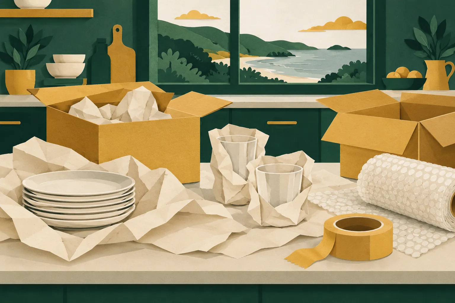 Cut-paper illustration of dishes wrapped in packing paper next to open moving boxes on a kitchen counter