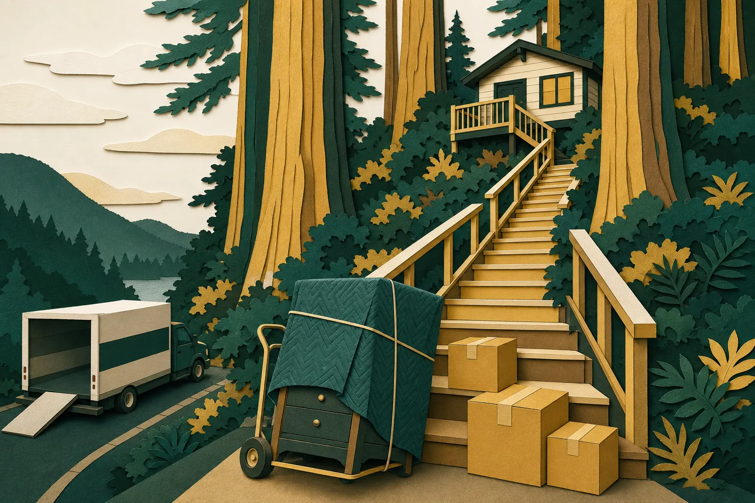 Cut-paper illustration of outdoor stairs up to a hillside house with a wrapped dresser and boxes at the bottom
