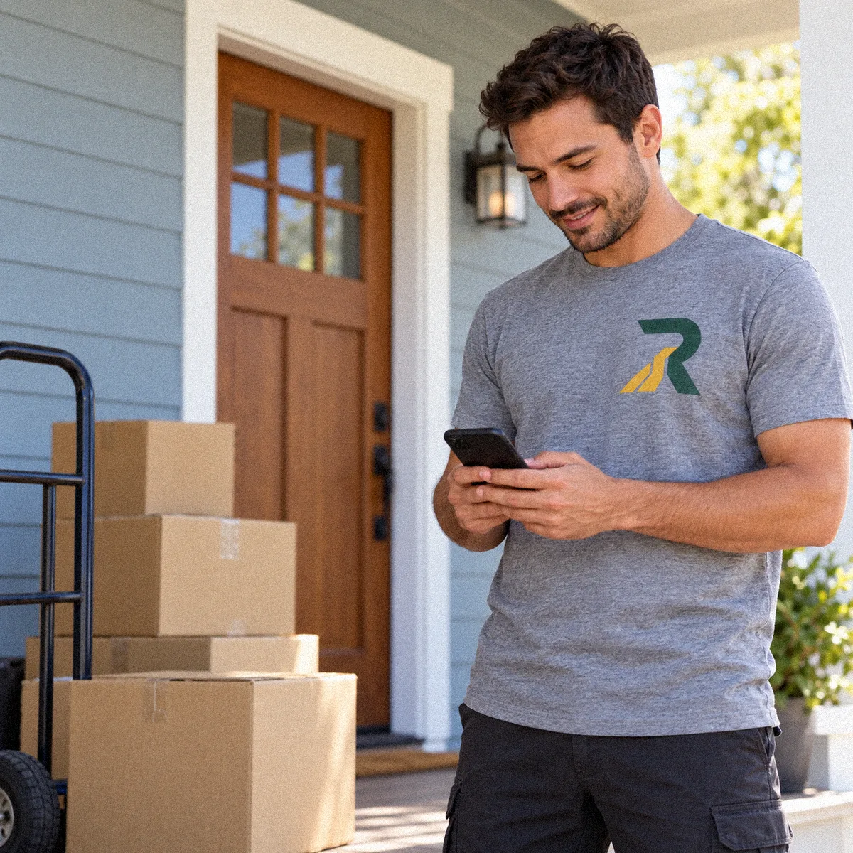 Movers preparing household items for transport